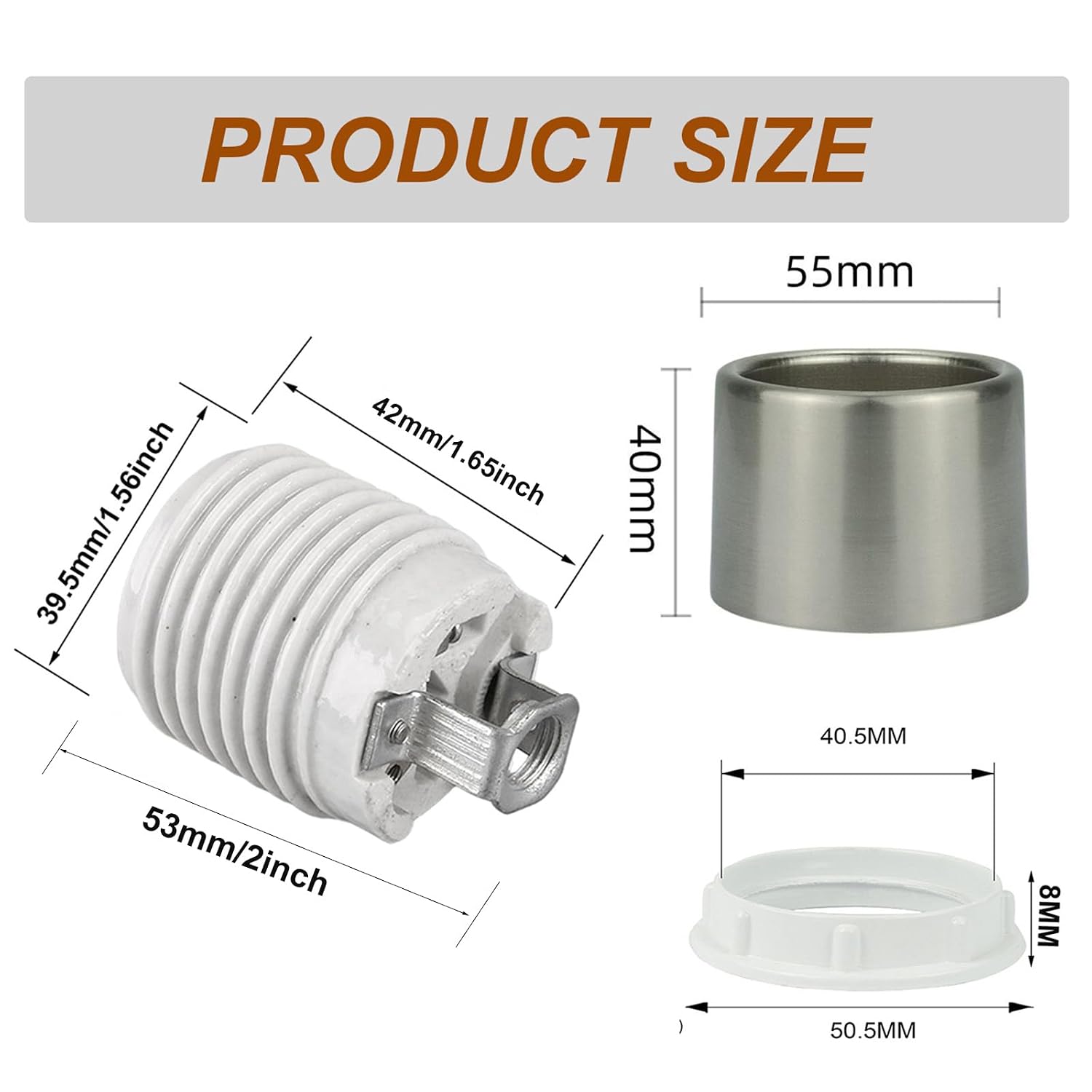 E26 Medium Base Ceramic Light Socket with Shade Ring, Keyless Porcelain Socket with Brackets,1-Pack (Binding Screw Terminals, 1)