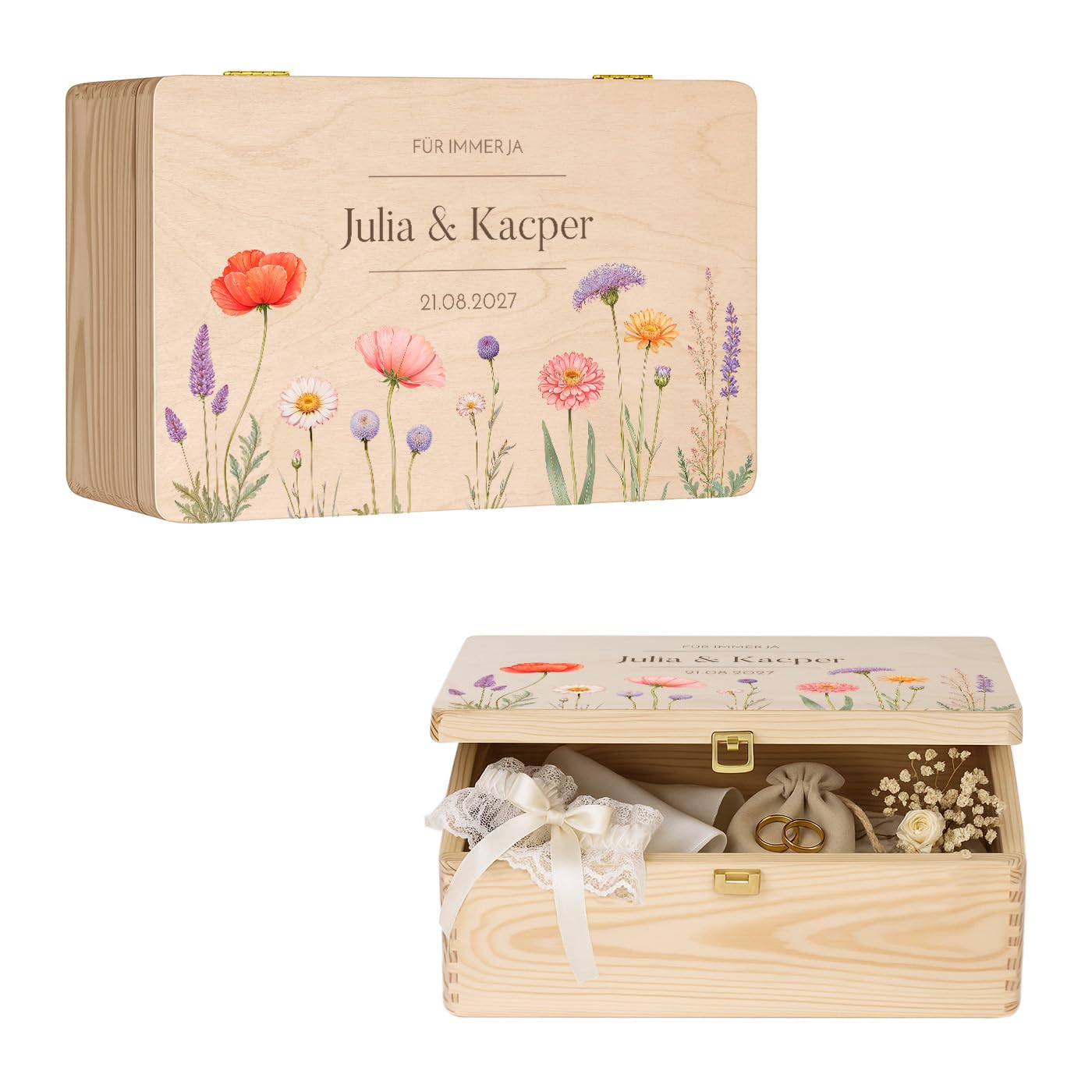 Maverton Erinnerungsbox mit Farbdruck - Aufbewahrungsbox mit Deckel - personalisierte Geschenke für Paar zur Hochzeit - Weihnachtsgeschenke - Hochzeitsgeschenke - aus Kiefernholz