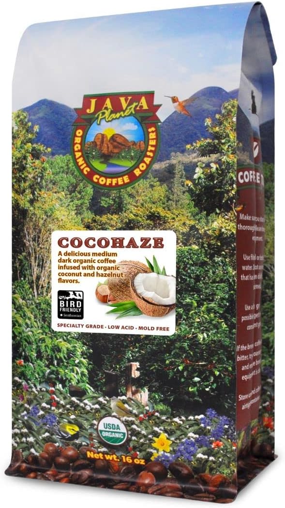 Low Acid Organic Coffee – Whole Bean, Mold-Free & Stomach Friendly by Java Planet, Coconut and Hazelnut, Medium Dark Roast, Arabica Gourmet Coffee Grade A, Smithsonian Bird Friendly, 1LB Bag