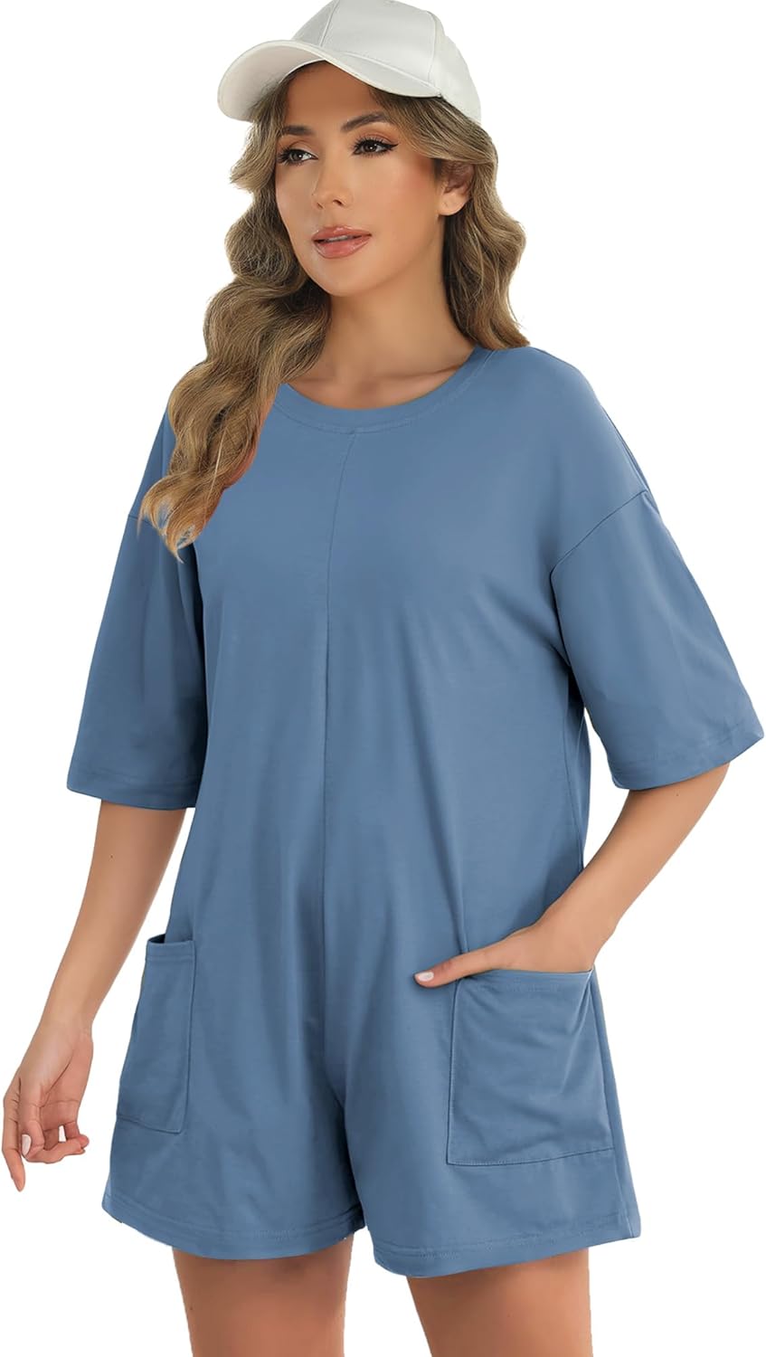 Buauty Women Summer Oversized Jumpsuit Romper,Athletic Workout Short Sleeve Overalls,Trendy Casual Baggy Tee Outfits - Image 4