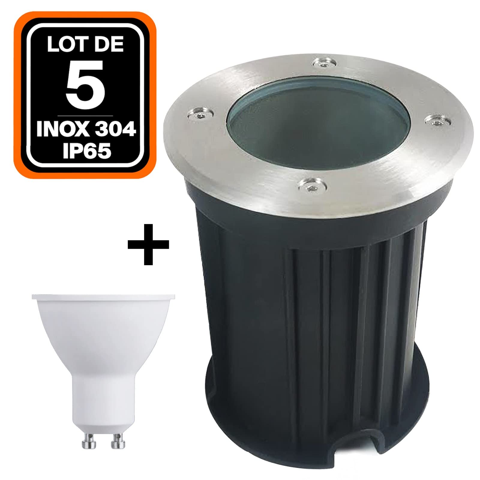 Europalamp – Lote de 5 focos empotrables de suelo redondos, acero inoxidable 304 exterior IP65 + bombillas GU10 7 W blanco neutro 4500 K