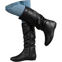 Womens Slouchy Knee High Boots Winter Fashion Side Zipper Western Cowboy Booties Comfortable Soft Faux Leather Flat Mid Calf Boots for Women