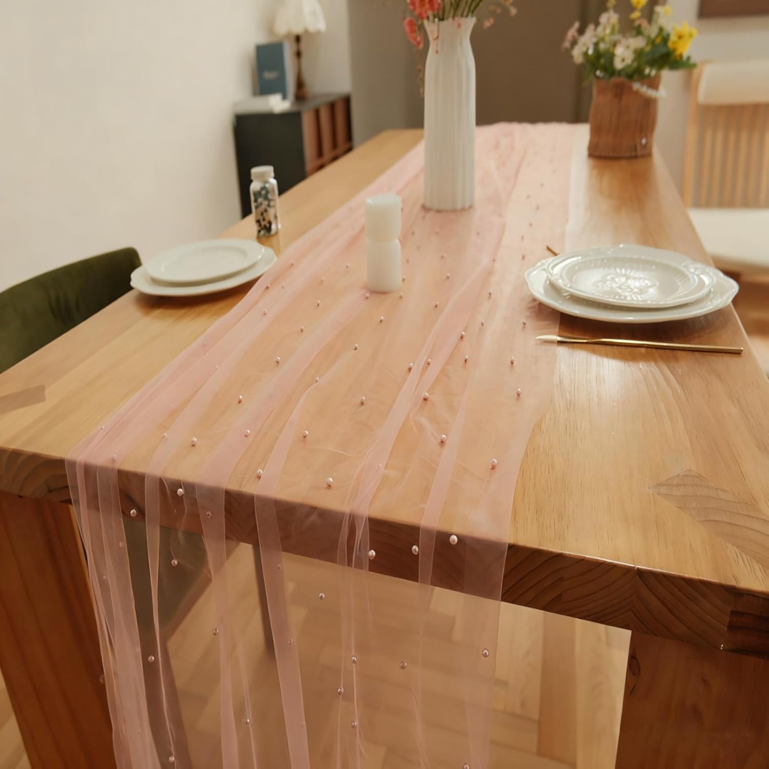 Set of 6 Pearl Table Runner 10ft, 29 * 120 Inch Dusty Pink Table Cloth Pearl Sheer Tulle Table Cover,Pearl Table Runner for Wedding Party Baby Shower Birthday Home Decor