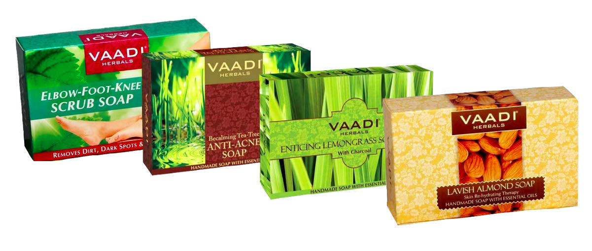 Vaadi HerbalsCleaners Collection (Elbow-Foot-Knee Scrub Soap, Lemongrass Scrub Soap, Anti Acne Soap, Almond & Honey Soap) (75gm x 4)