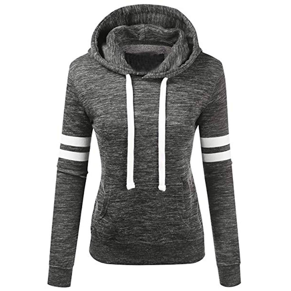 Women's Basic Long Sleeve Kangaroo Pocket Stripe Print Pullover Hoodies Sweatshirts