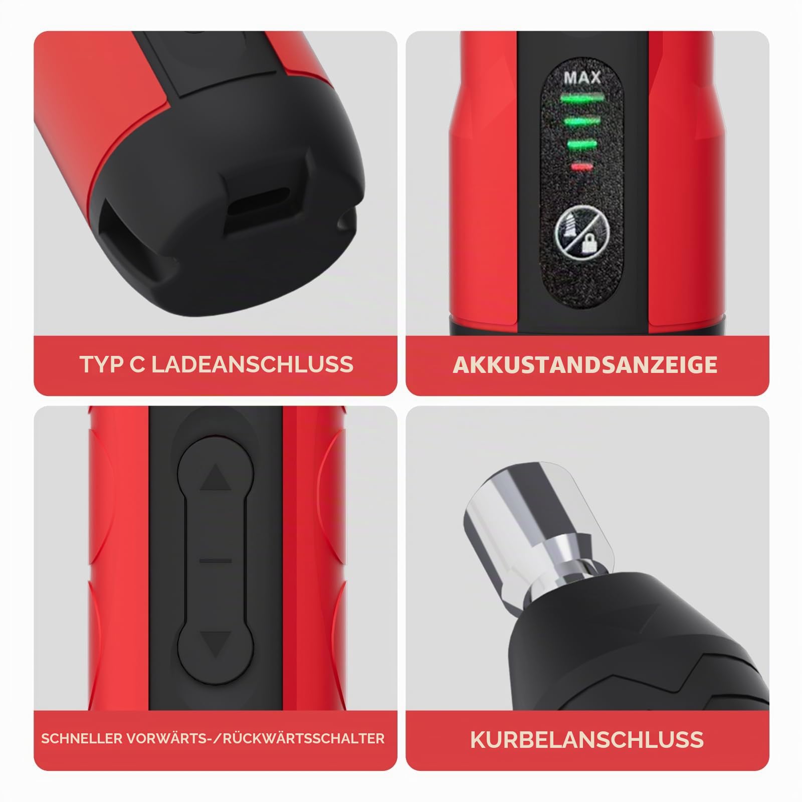 Elektrische Markisenkurbel, kabellos, einziehbar, motorisiertes Rollwerkzeug mit 4-Gang-Steuerung, kompatibel mit Terrassen- und Pergola-Jalousien, Typ-C-Schnellladung