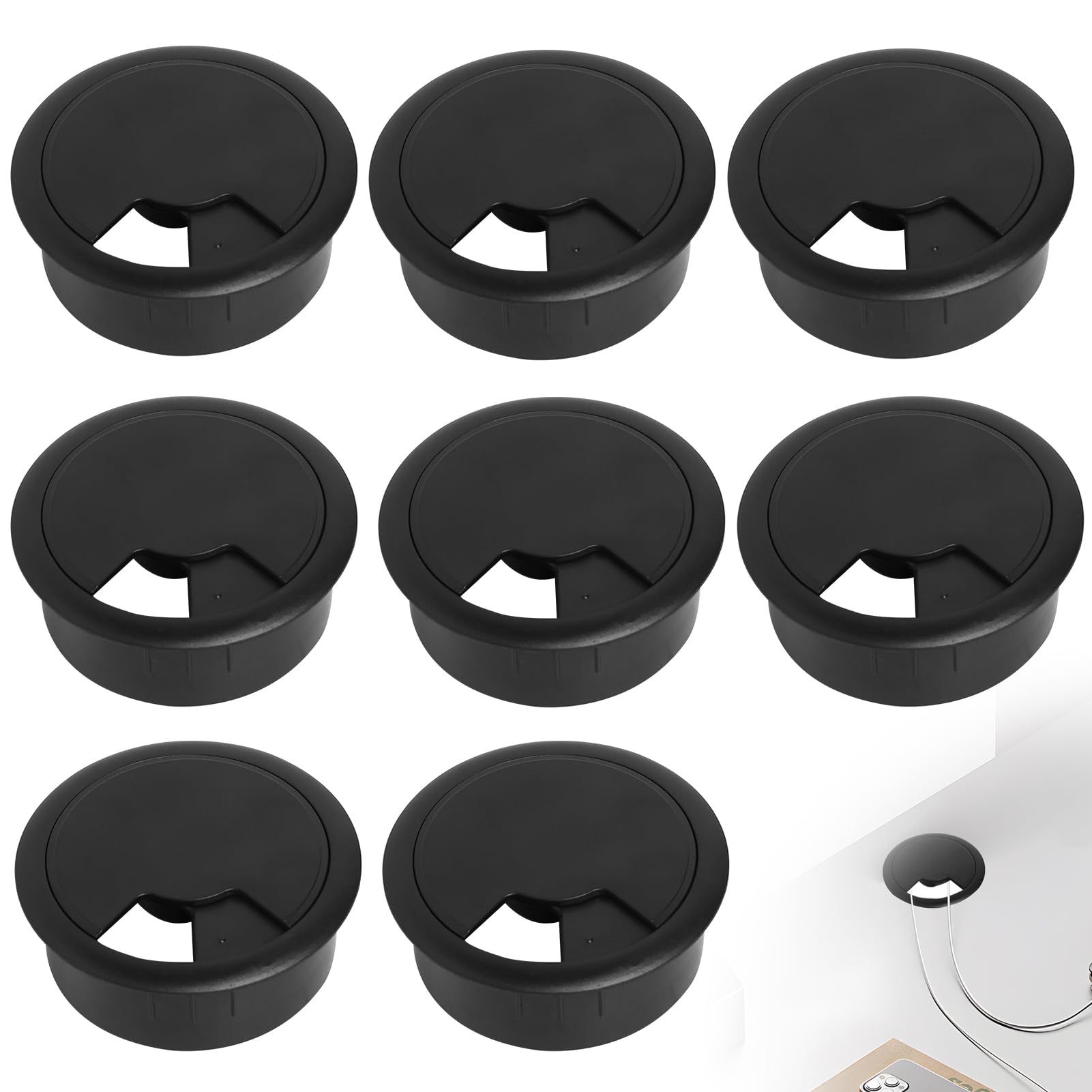 8er-Pack Kabeldurchführung Für Schreibtische – 60 Mm Durchmesser, Schwarzes ABS, Geschlossenes Design Gegen Staub