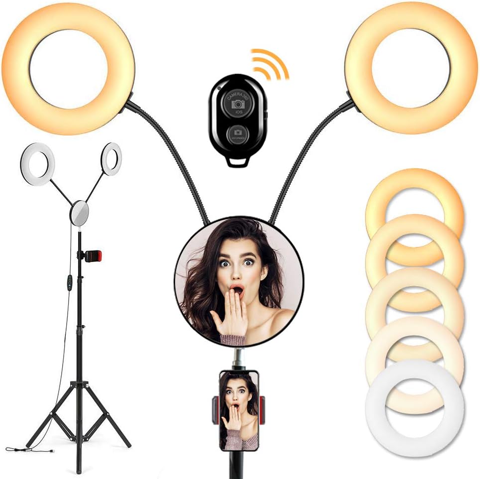 LED Ring Light โ Lambony 2 Selfie Ring Lights with Phone Tripod Stand and Bluetooth Receiver Double Ring Light for Selfie/Vlog/Makeup/Youtube/Phone Video Shooting, 360ยฐ Flexible Goose Neck