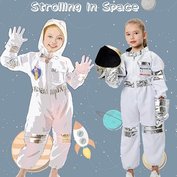 Astronaut Costume for Kids: White Space Jumpsuit with Helmet, Gloves & ID Card - Unisex Kids 3-10 Years