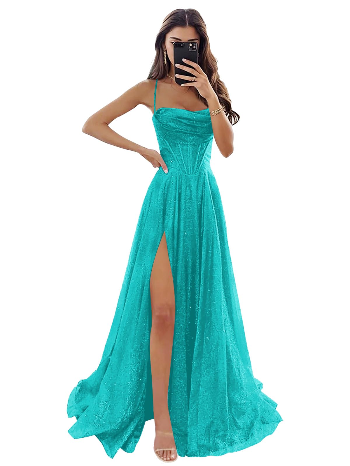 Women's Spaghetti Straps Glitter Tulle Prom Dress with Slit Cowl Neck Long Formal Dress Evening Gown