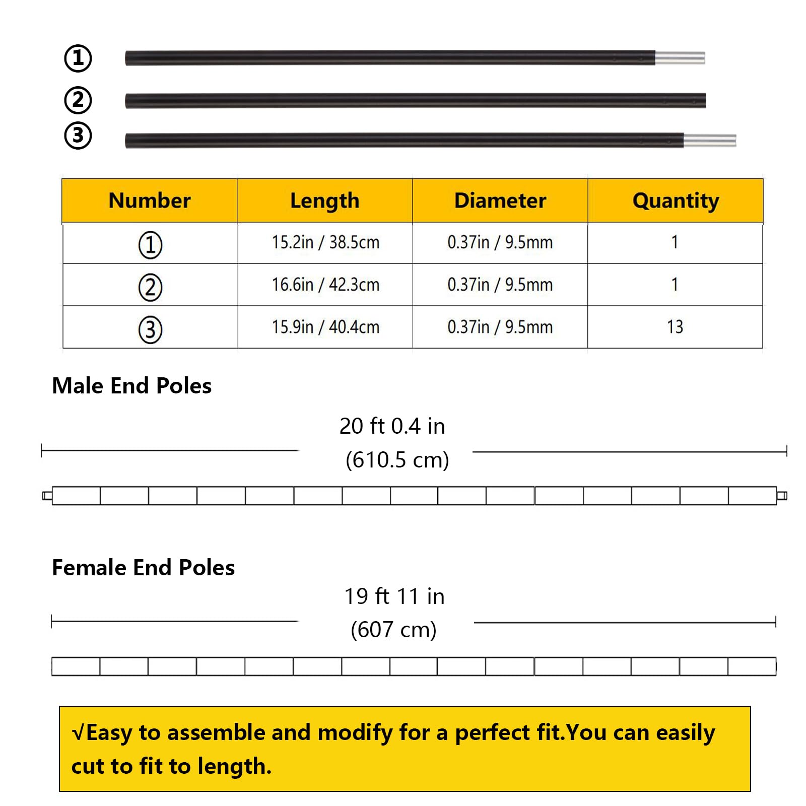 Aluminum Tent Poles Replacement,Pre-Assembled Tent Poles,Fits Both Female and Male Ends,7001 T6 Lightweight Tent Rod Repair Kit for Camping Hiking Backpacking Tent (20ft 0.4in)