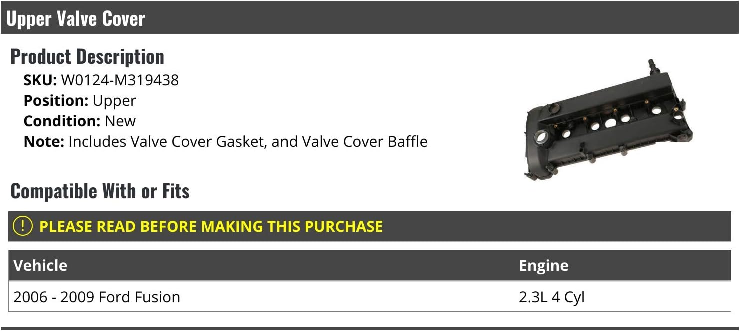 Marketplace Auto Parts Upper Valve Cover with Gasket and Baffle - Compatible with 2006-2009 Ford Fusion 2.3L 4-Cylinder