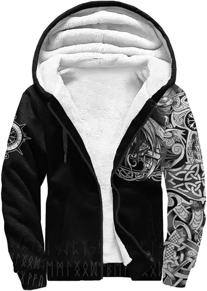 Black Viking Thick Hoodie Winter Fleece Hoodies Vintage Nordic Vegvisir Tattoo Hoodies Pullover Warm Full Zip Hoodies - Men's Hoodie - Sports Hoodie Men