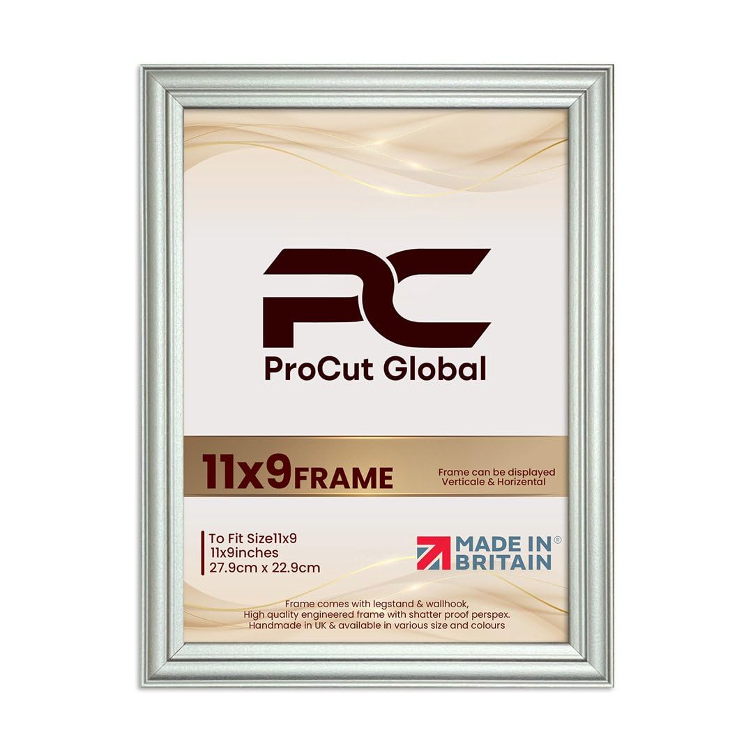 Procut Global 11X9 Silver Picture Frames - Classic Wooden Photo Frame with Shatterproof Perspex for Wall or Tabletop - Perfect for Posters, Certificates & Prints - Sizes & Colors Available
