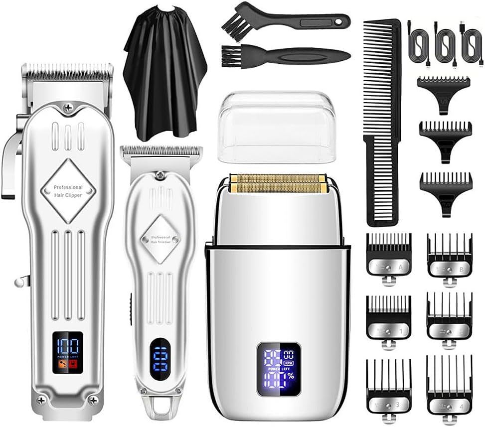 Roziapro Hair Clippers for Men Zero Gapped T-Blade Trimmer Rechargeable Foil Shavers Professional Hair Cutting Kit (Silver)