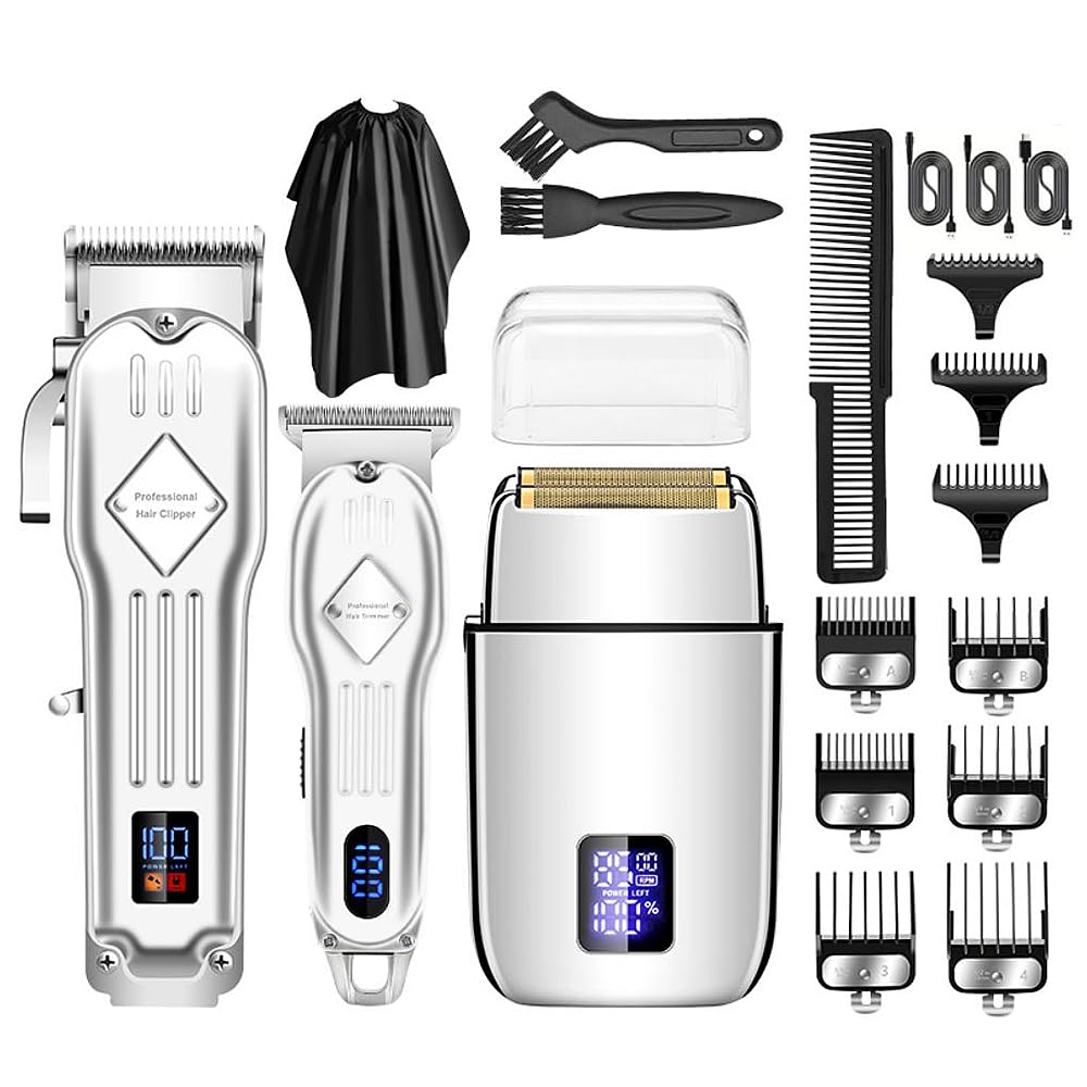 Roziapro Hair Clippers for Men Zero Gapped T-Blade Trimmer Rechargeable Foil Shavers Professional Hair Cutting Kit (Silver)