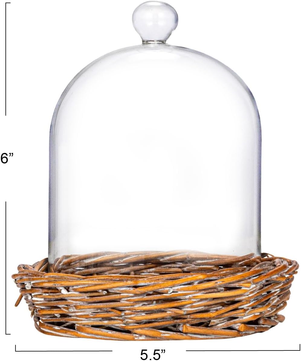 Creative Co-Op Round Glass Cloche with Woven Willow Base, Clear