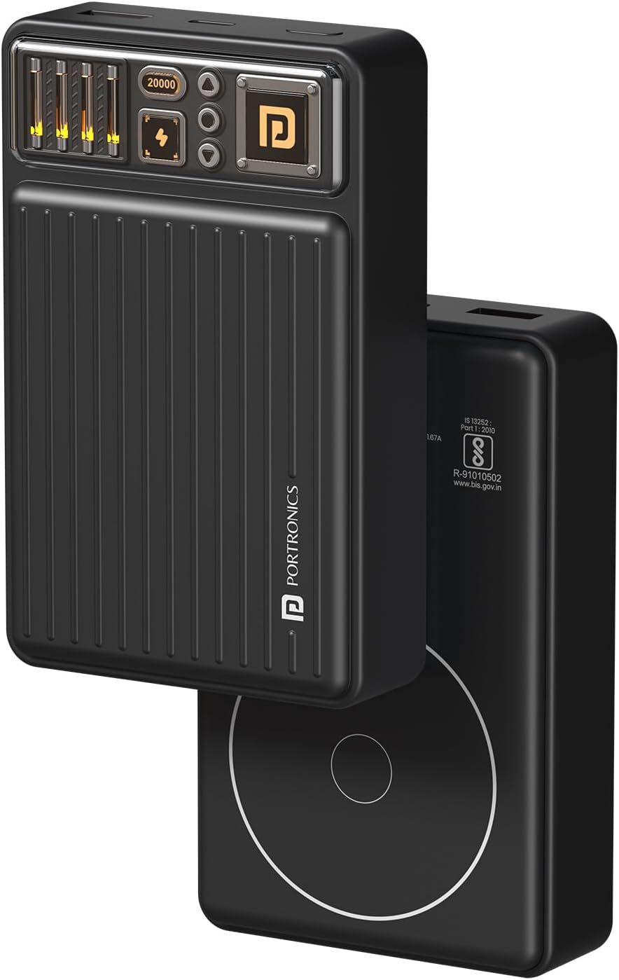 Portronics Luxcell Wireless Mini 20k 20000mAh 15W Magnetic Wireless Fast Charging Power Bank with 22.5 Wired Output with USB-A & Type C Port,Compatible with iPhone 12 & Above,Other QI Enabled Devices