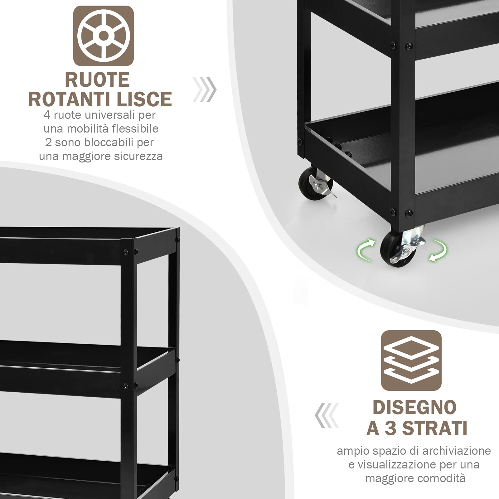 COSTWAY Carrello da Cucina con 3 Livelli, Carrellino Multifunzionale con Ruote Flessibili, Carrello di Servizio Resistente con Maniglia Comoda, Ideale per Ufficio Garage Magazzino Biblioteca (Nero)