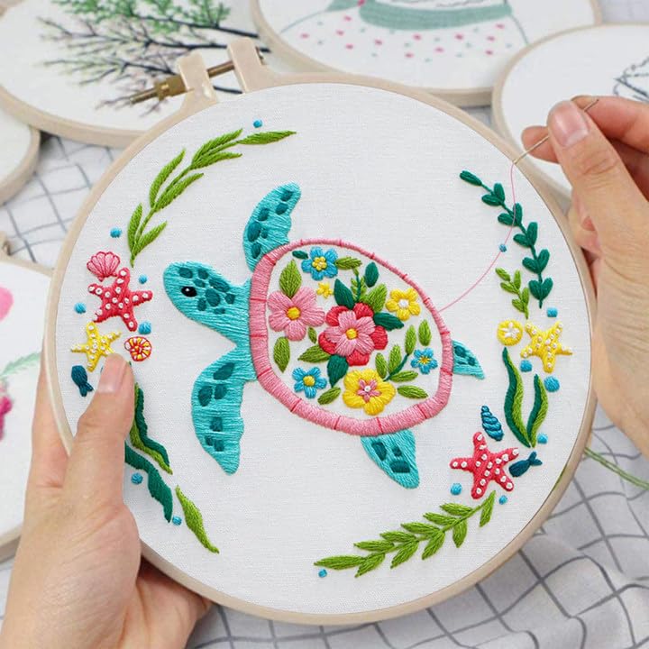 Image of Louise Maelys Sea Turtle Embroidery Kit for Beginners | Cross Stitch Starter Kit for Adults,Stamped Pattern, Hoop, Needles, Threads And Instructions, Easy Craft Gift And Room Decor