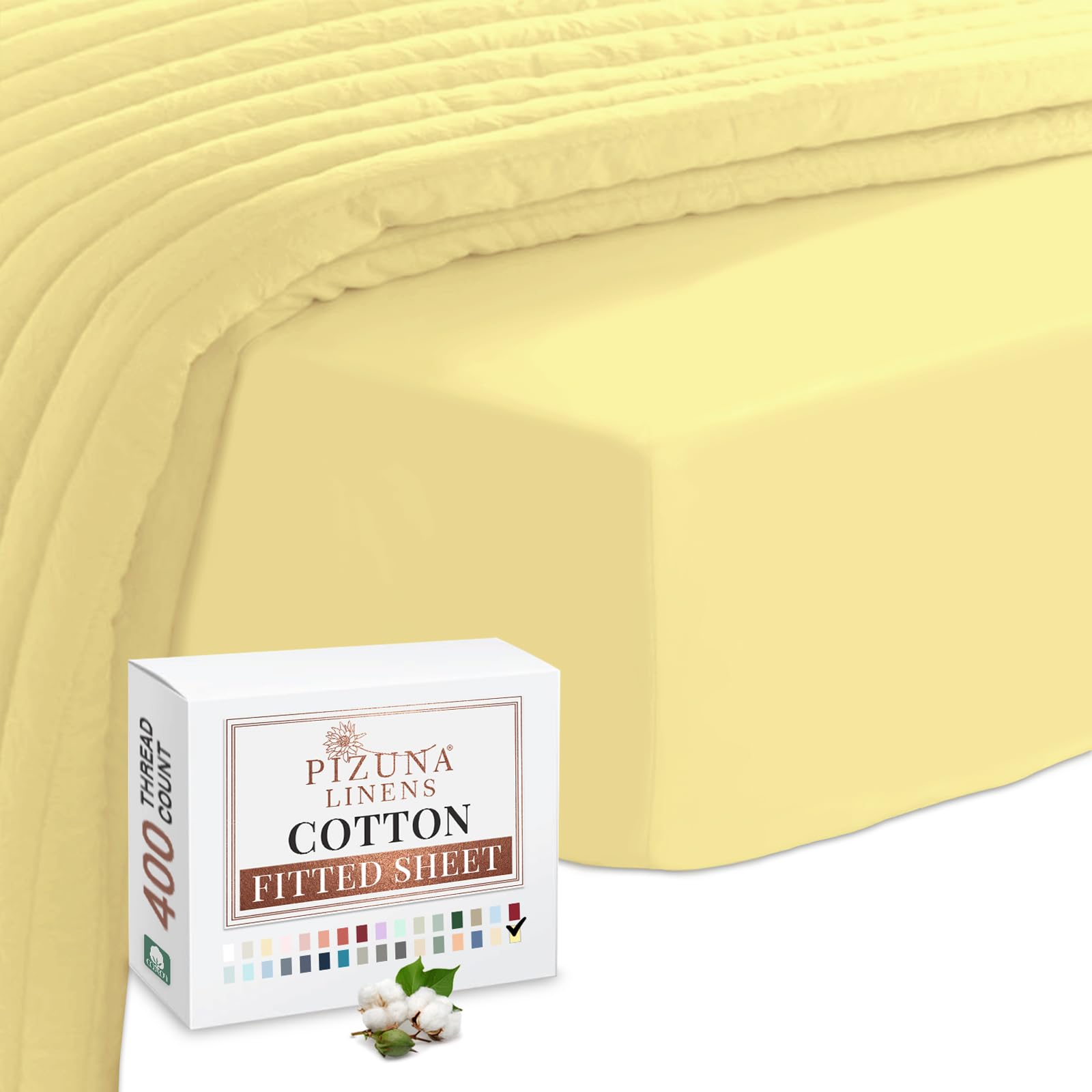 Pizuna Mellow Yellow 100% Cotton Emperor Fitted Sheet 400 Thread Count Long Staple Cotton Emperor Fitted Sheets 200X200cm, Sateen Sheet Extra Deep 40 Cm 1 Pc