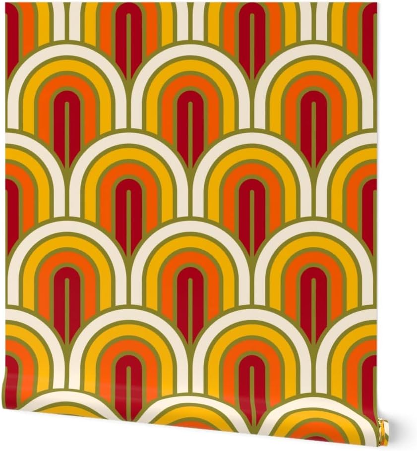 Peel & Stick Wallpaper 3ft x 2ft - Geometric Pattern Art Deco Sunset White Yellow Red Retro Orange Gold Custom Removable Wallpaper by Spoonflower