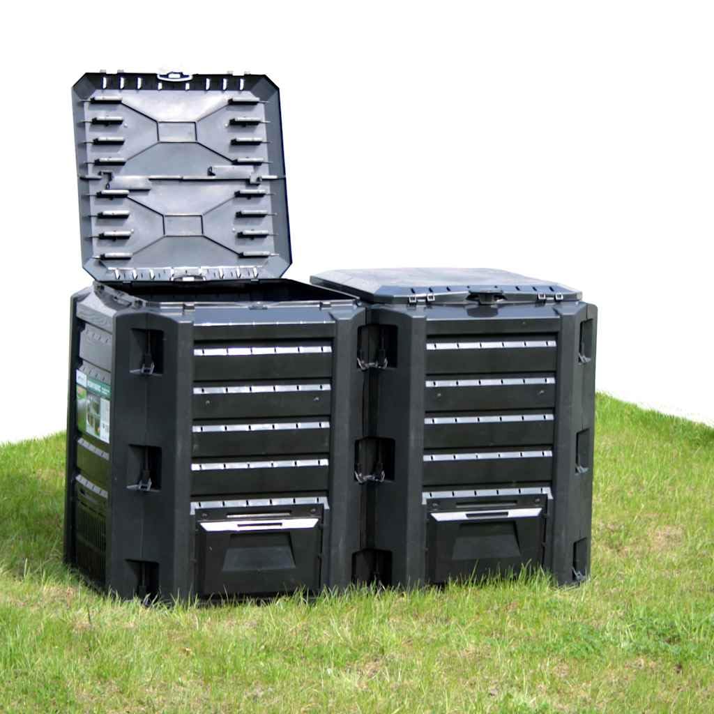 Composter da giardino nero 380 L con coperchio e aletta