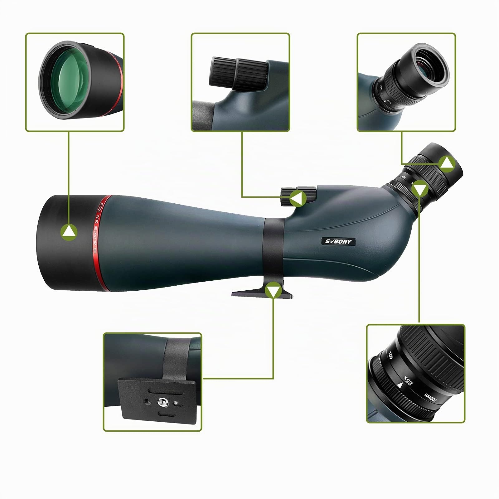 Svbony SV406 Spektiv 25-75x100, Doppelfokus FMC Porro Beschichtungsprisma, Wasserdichtes Abgewinkeltes HD-Spektiv für Astronomie Mond Vogelbeobachtung Tierwelt