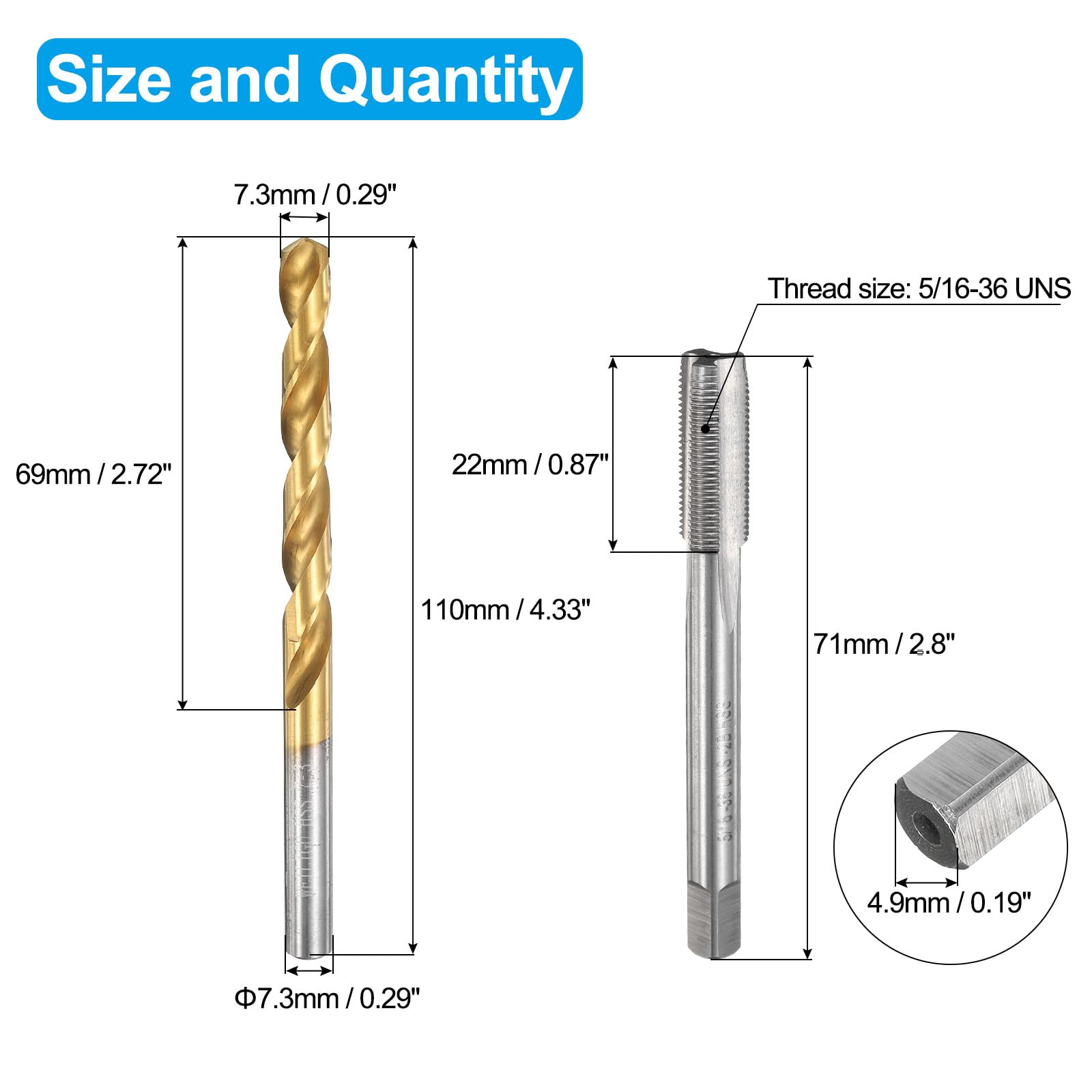 Set di maschi e punte da trapano, 1 maschio per filettatura a scanalatura dritta da 5/16-36 UNS e 1 punta elicoidale da 7,3 mm, kit di utensili per filettatura HSS-6542 non rivestiti/rivestiti in t