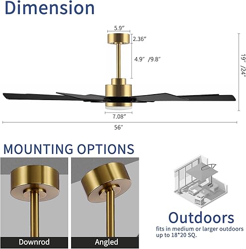 Miniatura 5 de Ventilador de techo negro y dorado con control remoto de luces, motor de CC de 6 velocidades, ventilador industrial moderno para sala de estar y