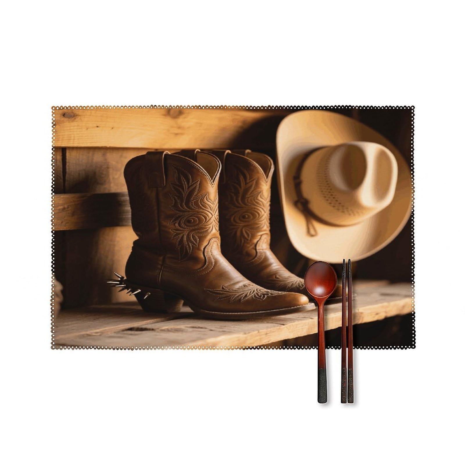 Western Cowboy Boots Placemats Set of 4 Heat Resistant Non-Slip Place Mats for Dining Table Washable Placemat Wipeable Dining Table Mat Canvas Place Mats Dining Table Decor