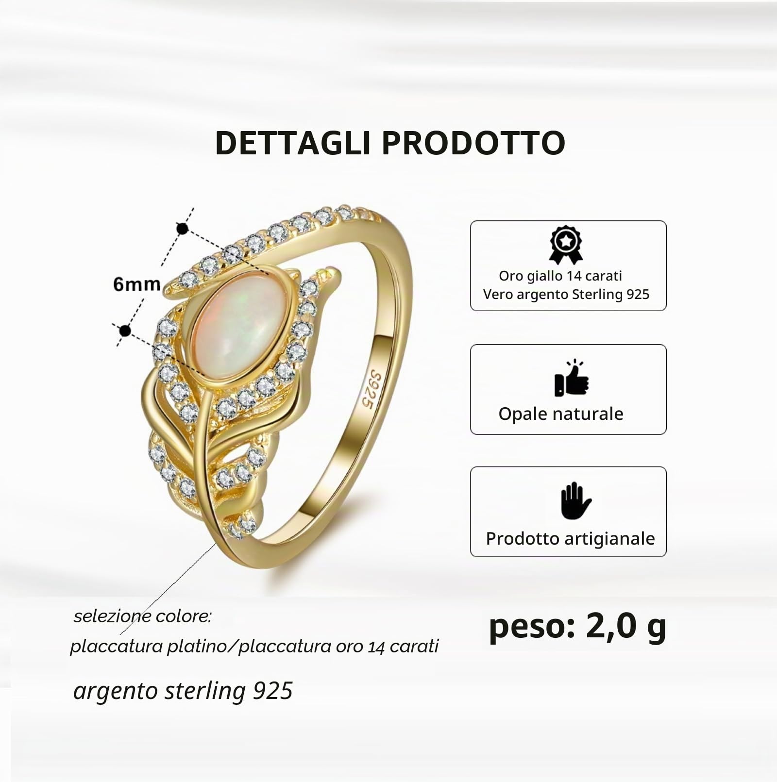 Anello di Fidanzamento Argento 925 Disegno Piuma Anello Regolabile con Opale Naturale e Zirconi per Donna Ragazza