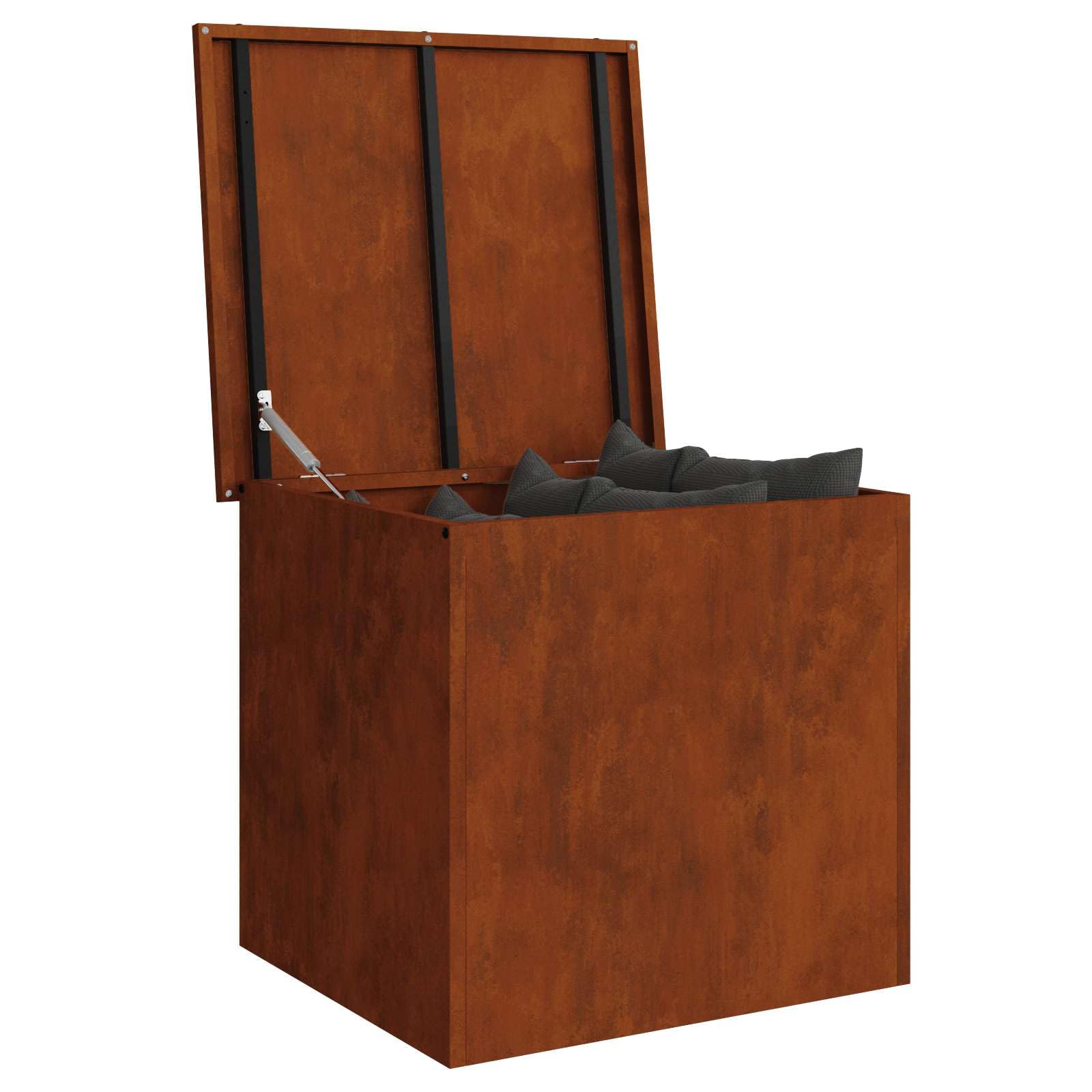 Contenitore industriale per esterni in acciaio inossidabile, 55 x 50,5 x 50 cm, resistente alle intemperie, con coperchio sollevatore a gas per un accesso sicuro e salvaspazio all'aperto.