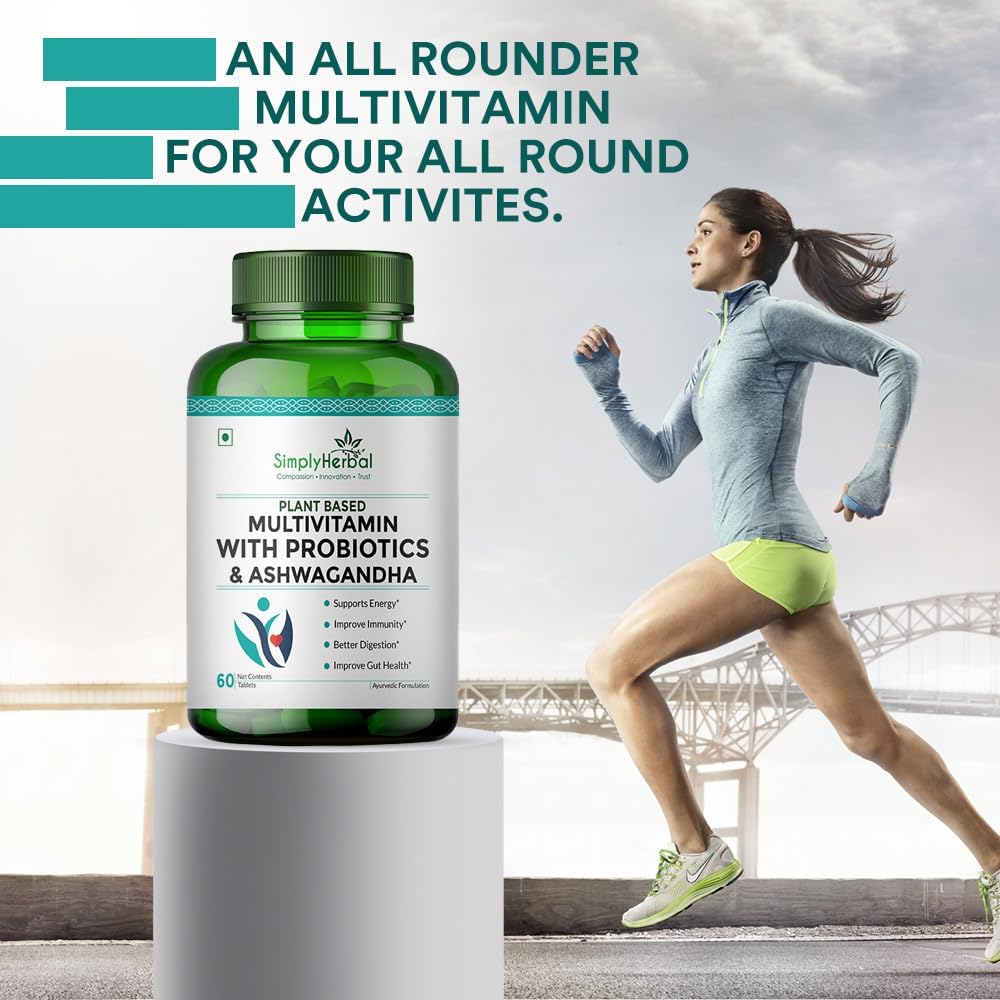 Simply Herbal Multivitamin with Probiotics & Ashwagandha Tablets Improves Immunity & Digestion, Supplement for Men and Women, Boost Energy, Supports Bone & Skin Health, Stress Relief - 60 Veg Tablets