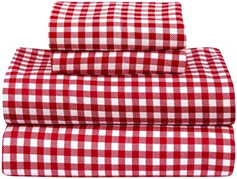 Royale Linens - 4 Piece Printed Queen Bed Sheet - Soft Brushed Microfiber 1800 Bedding Set - 1 Fitted Sheet 1 Flat Sheet 2 Pillow case - Wrinkle & Fade Resistant Queen Size Sheet Set (Queen,Red Plaid)