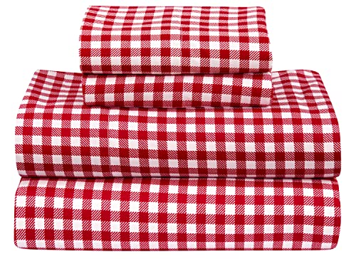 Royale Linens - 4 Piece Printed Queen Bed Sheet - Soft Brushed Microfiber 1800 Bedding Set - 1 Fitted Sheet 1 Flat Sheet 2 Pillow Case - Wrinkle & Fade Resistant Queen Size Sheet Set (Queen,Red Plaid) #TOP9
