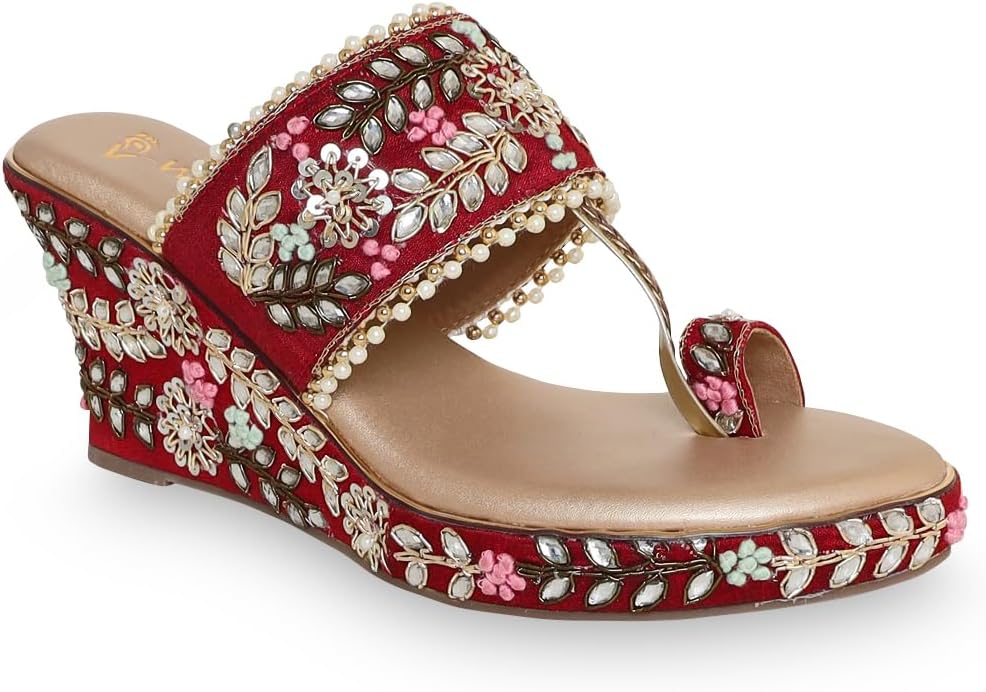 Women's Slip-Ons Floral Embroidered Ethnic Wedge Heel Bridal Sandals | Wedding, Ethnic, Festive Occasions Bridal Heels for Women | Heel Height: 3 Inches