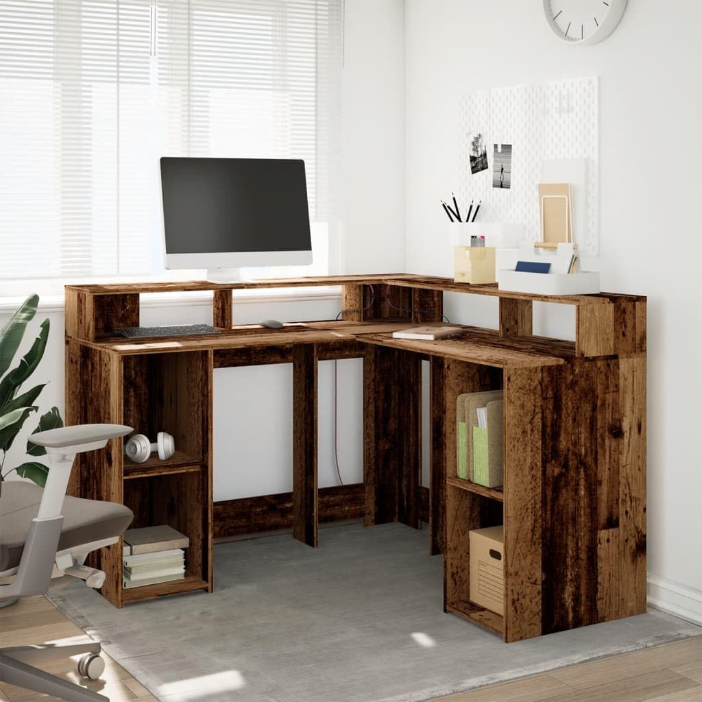 Scrivania con Libreria, Scrivania Salvaspazio, Scrivania Angolare, Scrivania con Cassetti, Scrivania con Luci LED in Truciolato Legno Antico 130x130x91 cm