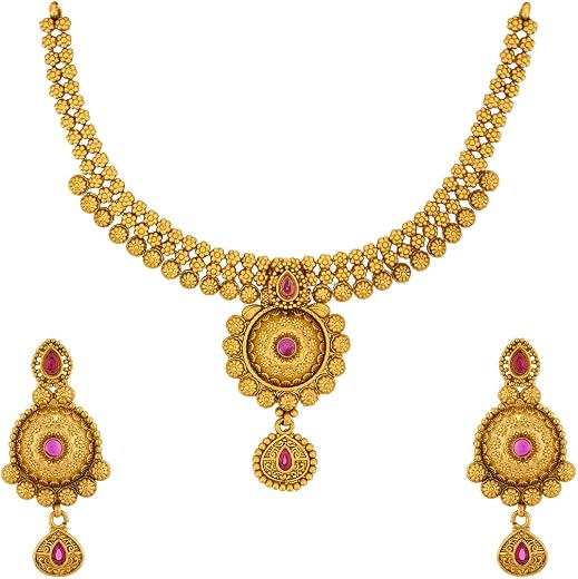 KUSHAL'S Fashion Jewellery Ruby Gold Plated Antique Necklace Set with Hanging Earrings for Women | Adjustable Thread | Fes...