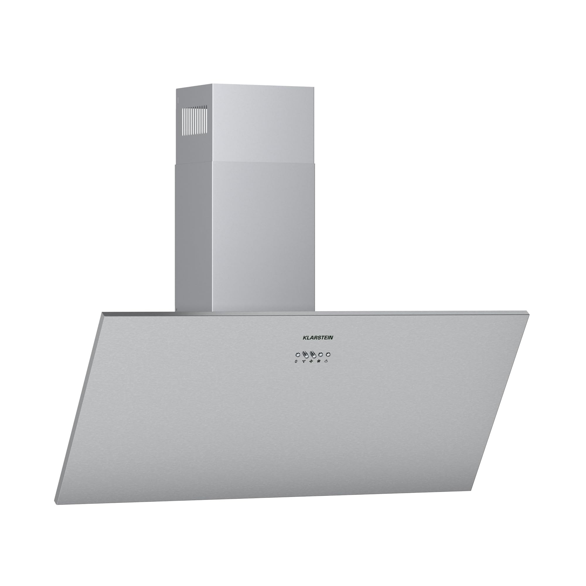 Klarstein Silver Lining Cappa Aspirante, Cappa a Parete Inclinata Salvatesta, Classe A, Ricircolo o Aspirazione, 3 Livelli, Controllo Touch, 568 m³/h, 90 cm, Argento