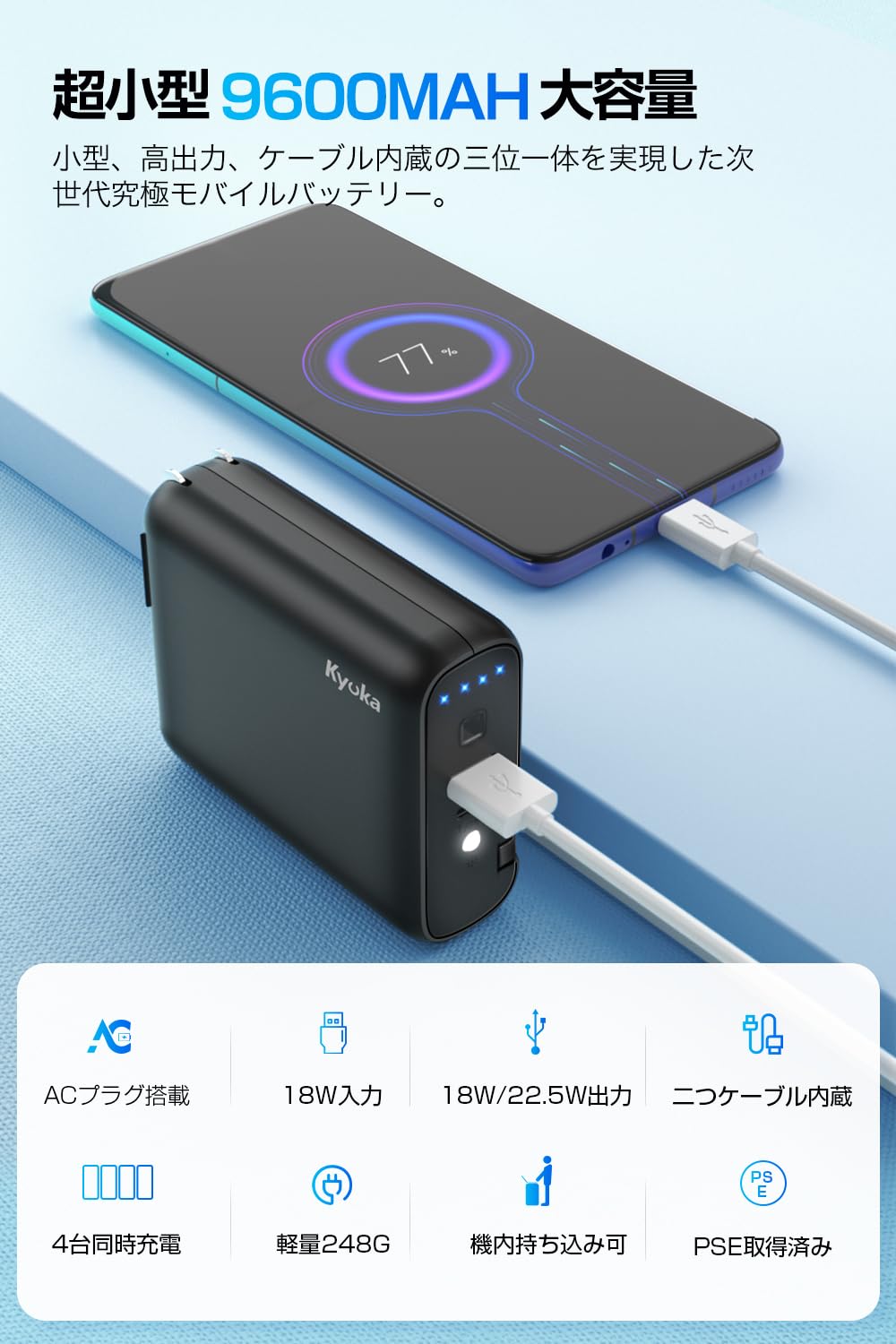 Amazon | モバイルバッテリー 大容量 軽量 小型 【9600mAh 22.5W