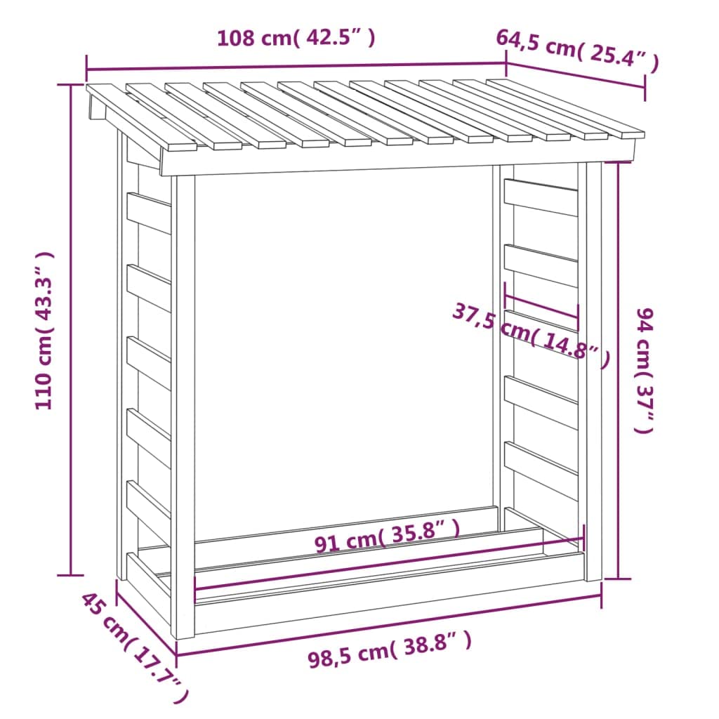 Estantería para leña, 108 x 64,5 x 110 cm, de madera de pino maciza, soporte para almacenamiento y almacenamiento en el salón, jardín, terraza con cesta de madera estable y ayuda para apilar