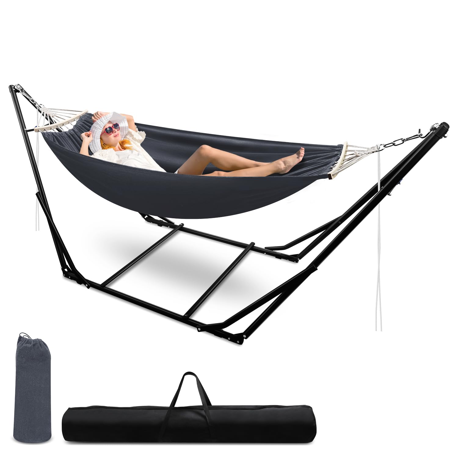 Eikuavons Hamaca con estructura, silla colgante con estructura plegable, estructura de hamaca ajustable hasta 150 kg, hamacas para exteriores, estructura de metal, hamaca plegable para exteriores