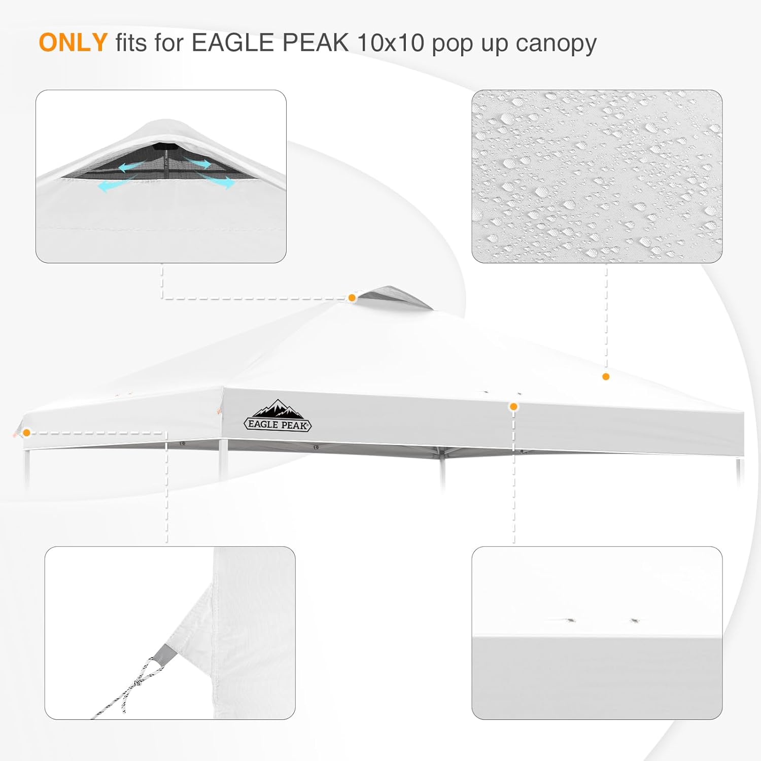 EAGLE PEAK Replacement Canopy Top for Eagle Peak 10x10 Straight Leg Pop Up Canopy Frame Only, Canopy Cover with Air Vent, UPF 50+, Frame NOT Included, White