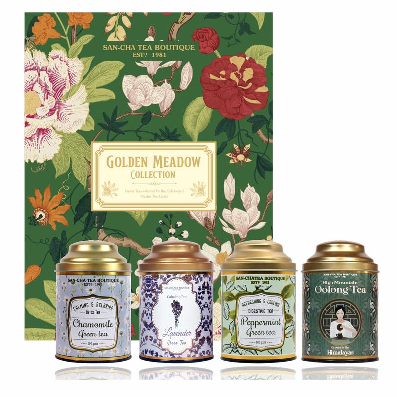 Sponsored Ad - Sancha Tea Boutique, Golden Meadow Collection, Luxury Tea Gift Box, Chamomile, Lavender, Peppermint & Oolong Assortment, Premium Loose Leaves, 350g