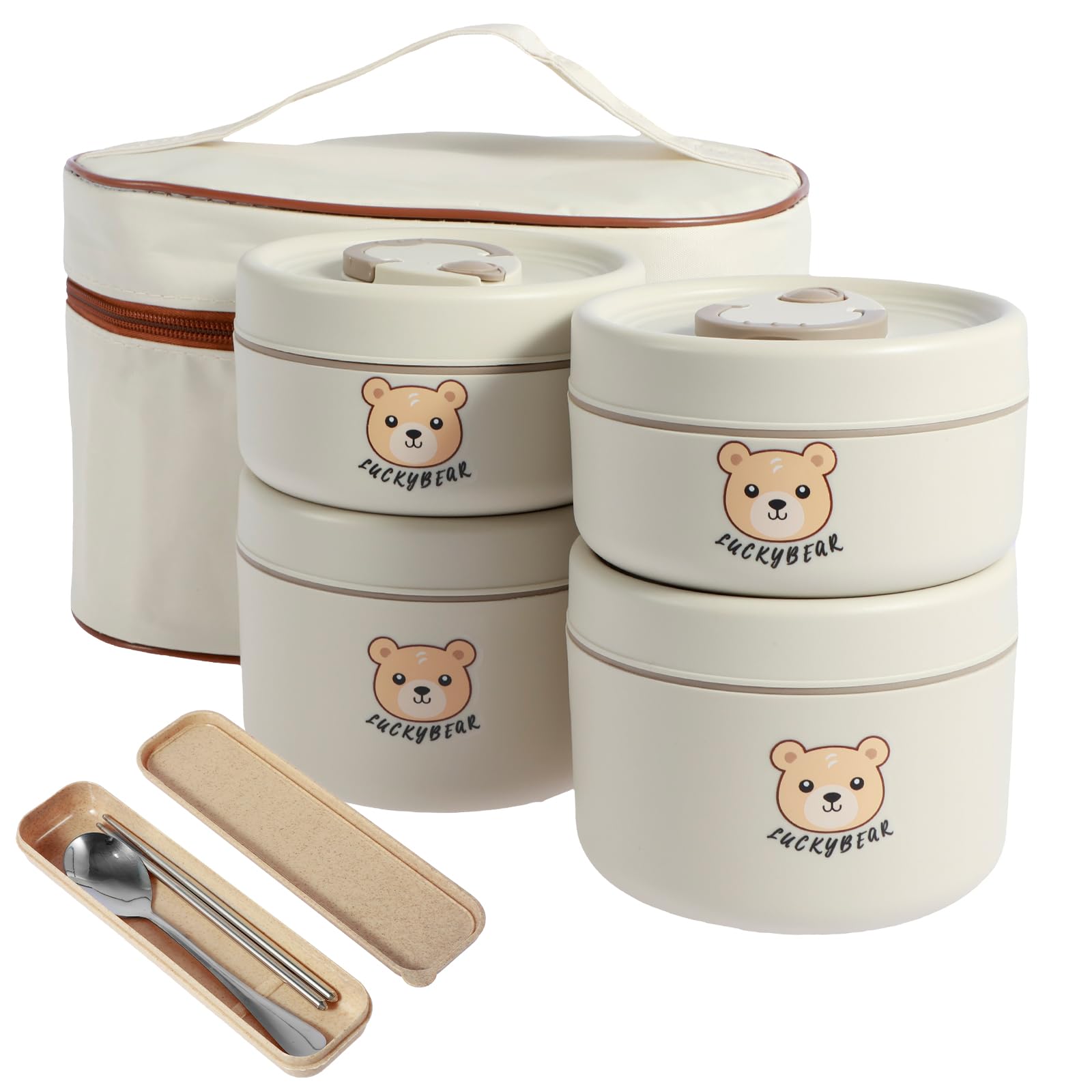 NZWBSHSSP 3/4 Pack Food Box Stackable Adult Food Box Portable Insulated Food Container Leakproof Box with Chopsticks Spoon Insulated Bag Stainless Steel Food Container for Kids and Adults(4 box)