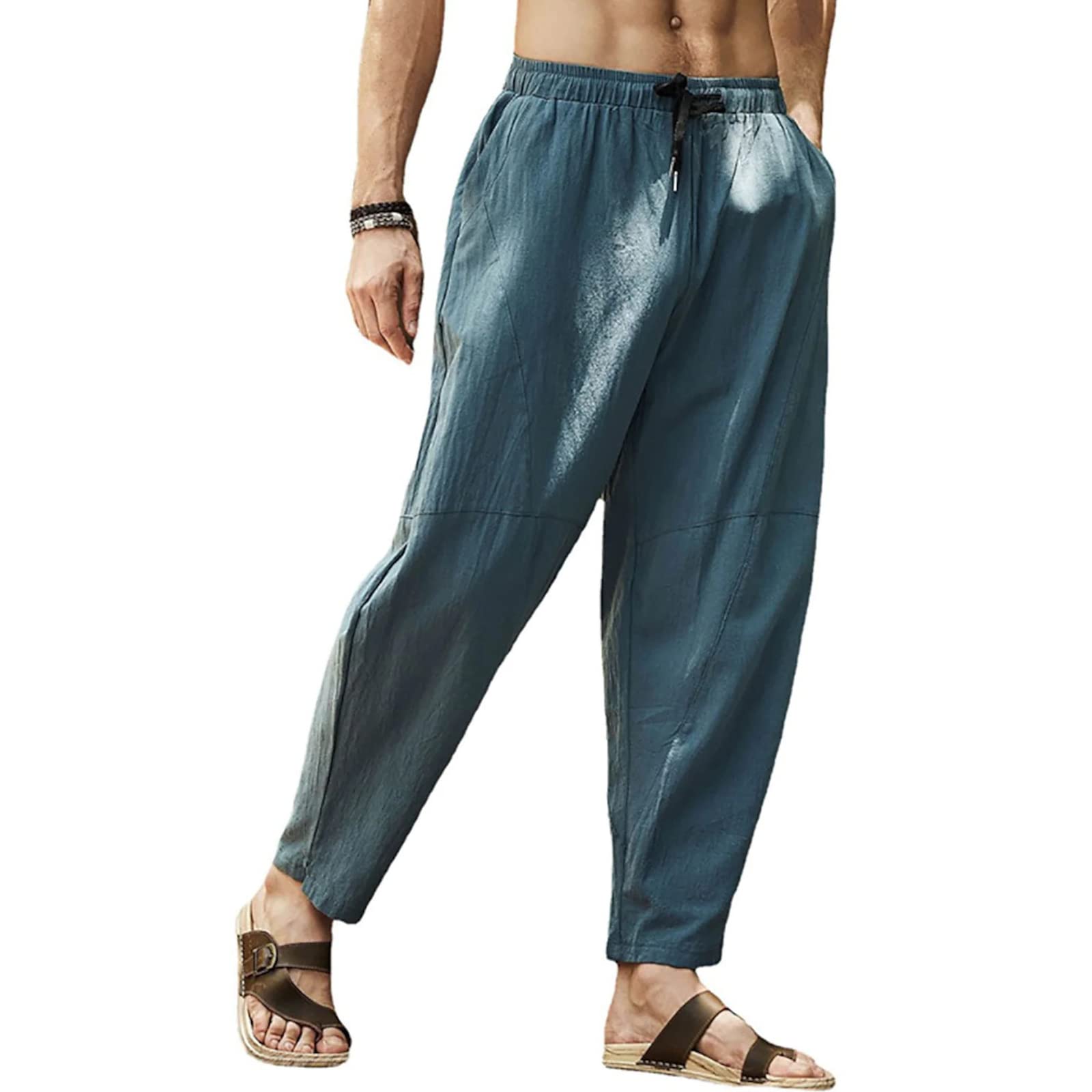 Cooleep Pantaloni Lino Uomo Estivi Casual Pantaloni Elasticizzati Leggeri da Yoga Spiaggia