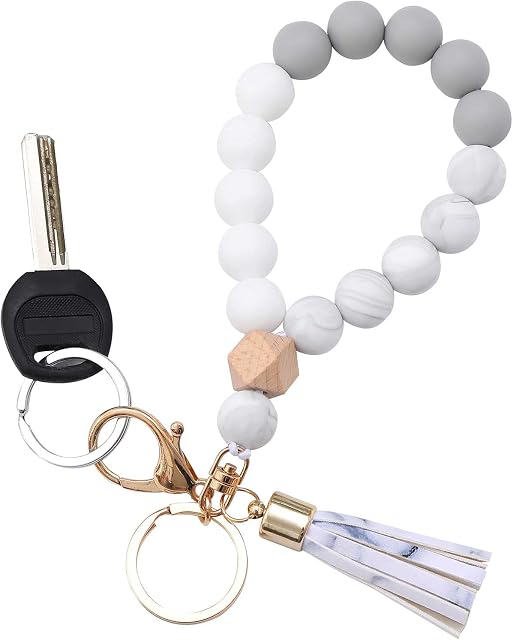 BAOSIWA Silicone Key Ring Bracelet Wristlet Keychain Unique Beaded Bangle Key Chains for Women with Leather Tassel