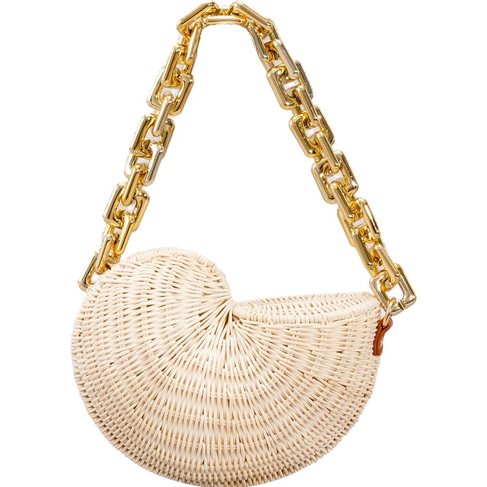 Wudaizhi Women's Khaki Thick Chains Rattan Conch Shoulder Bags Design Wicker Woven Handbags Luxury Summer Beach Straw Bag Bali Purse