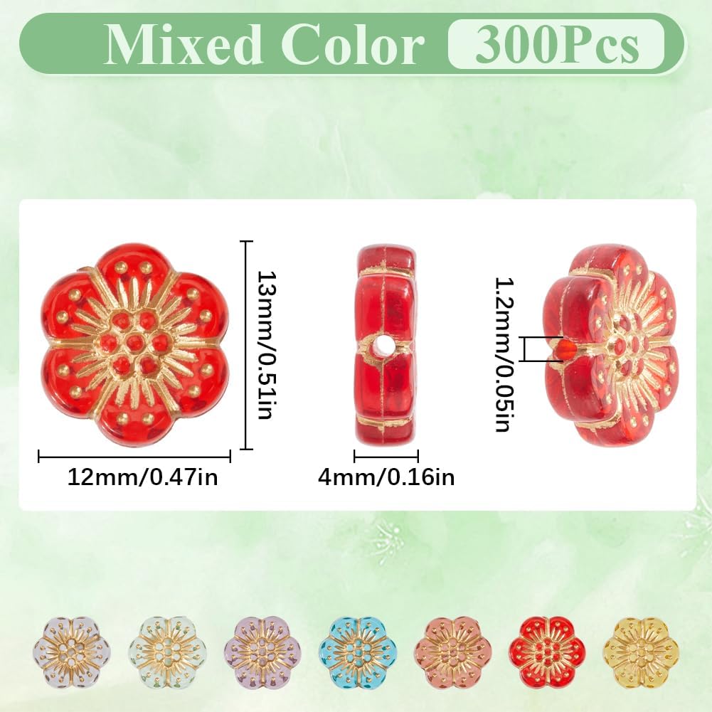 SUNNYCLUE 1 Box 300Pcs Czech Flower Bead Acrylic Bohemian Beads Mix Vintage Colorful Assorted Metal Enlaced Gold Plating Cherry Blossom Floral Spacer Bead for Jewelry Making Necklace Earring DIY Craft - Image 2